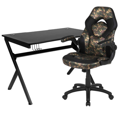 Optis Black Gaming Desk and Camouflage/Black Racing Chair Set with Cup Holder, Headphone Hook & 2 Wire Management Holes