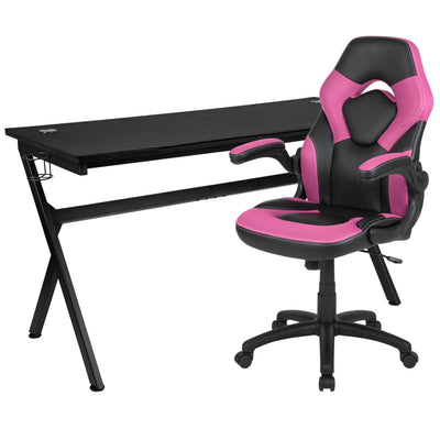 Optis Gaming Desk and Pink/Black Racing Chair Set /Cup Holder/Headphone Hook/Removable Mouse Pad Top - 2 Wire Management Holes
