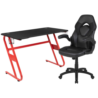 Optis Red Gaming Desk and Black Racing Chair Set with Cup Holder and Headphone Hook