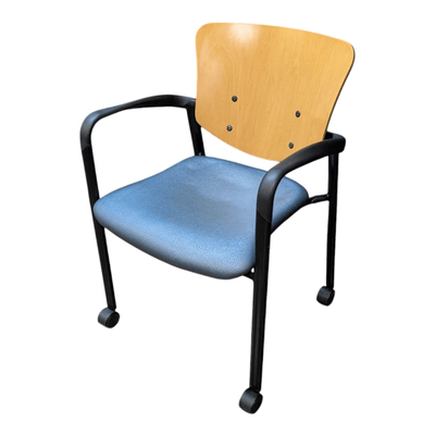 Haworth Improv Mobile Side Chair with Blue Vinyl Seat, Maple Back, and a black frame