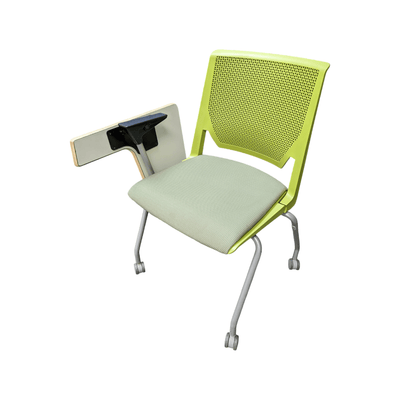 used Haworth very seminar lime green chair with tablet & casters used Haworth Very Seminar Lime Green Chair with Tablet and Casters - the perfect addition to any modern workspace. This chair boasts a sleek and stylish design, with its lime green color and contemporary look. The built-in tablet and casters make it a versatile and functional option for any classroom, seminar, or conference room. The chair is expertly crafted from high-quality materials, ensuring durability and longevity. With its ergonomic de