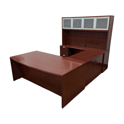 Pre-Owned Gunlocke LH U-Shape Bow Front Desk w/ Hutch and Credenza – Cherry