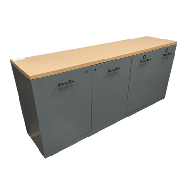 Mobilia Green 2-Door Storage 2 Trash Bin Station with Oak Top, 72x18x32