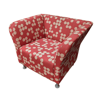 Square lounge chair with red and tan fabric