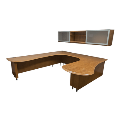 U-shape peninsula desk with wall mounted overhead, maple.