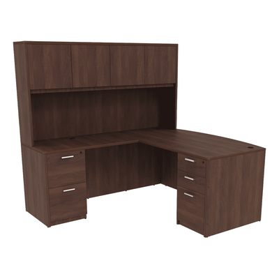 i5 Industries Reversible Bow Front L-Desk with Double Full Pedestals with 4 Door Wood Hutch (71×78)