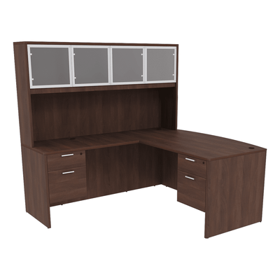 i5 Industries Reversible Bow Front L-Desk with Double Suspended Pedestals with 4 Door Glass Hutch (71×78)