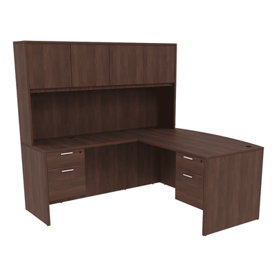 i5 Industries Reversible Bow Front L-Desk with Double Suspended Pedestals with 4 Door Wood Hutch (71×78)