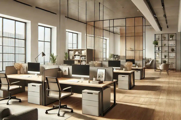 Industrial style workspace, with new office furniture.
