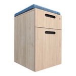 a wooden file cabinet with a cushioned top