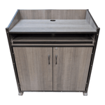 a gray cabinet with a shelf