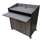 a wooden desk with a shelf