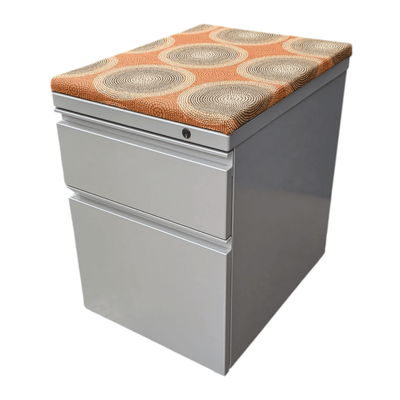 Grey mobile pedestal with orange cushion top