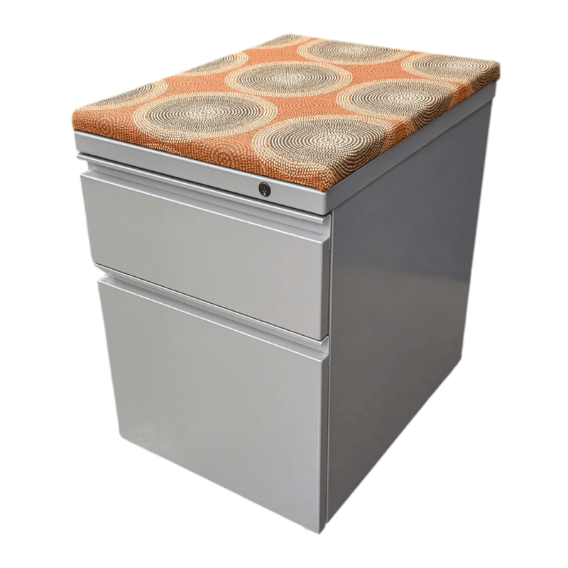 Grey mobile pedestal with orange cushion top