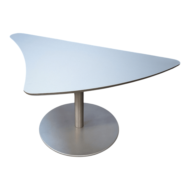 Triangular End Table, Grooved white top and grey metal base
