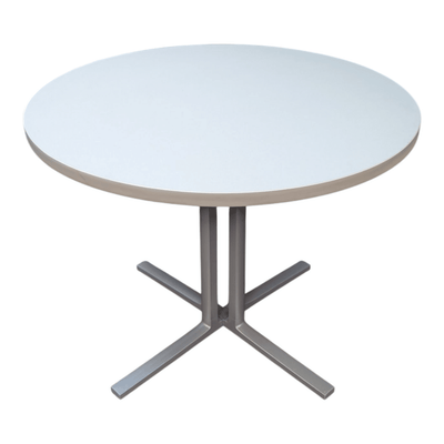 Herman Miller Everywhere Breakroom Table – 36" Round, White Top, Grey Metal Base 