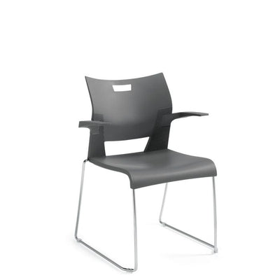 Global Duet Stacking Side Chair with Arms, chrome frame and grey seat.