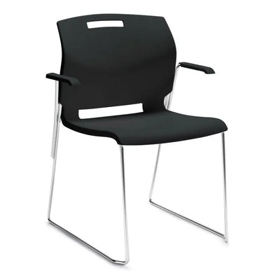 Global Popcorn Stacking Chair with Arms, chrome frame and black seat.