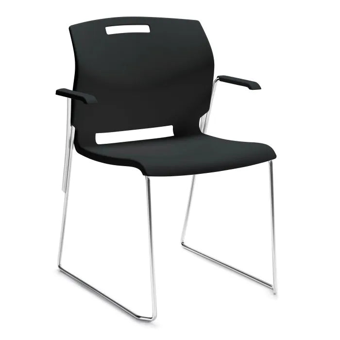Global Popcorn Stacking Chair with Arms, chrome frame and black seat.