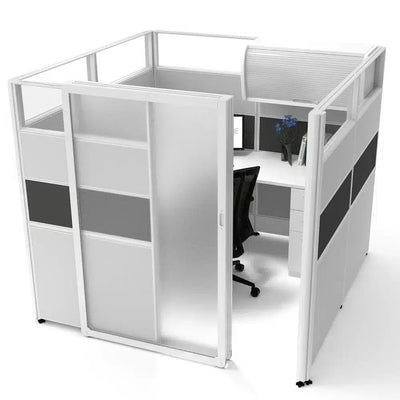 Sunline signature 6x6 cubicle - 65 in high grey base with charcoal accent and frosted glass doors