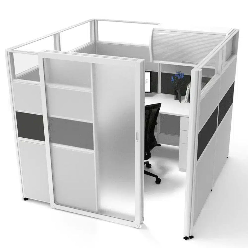 Sunline signature 6x6 cubicle - 65 in high grey base with charcoal accent and frosted glass doors