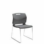 Global Popcorn Sled Base Stack Chair, chrome frame and grey seat.