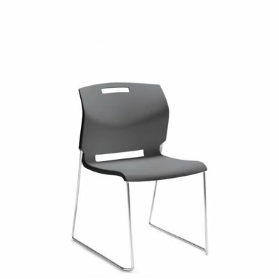 Global Popcorn Sled Base Stack Chair, chrome frame and grey seat.