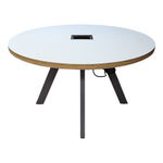 48" Round Table with Power, White Laminate and Grey Metal Base.