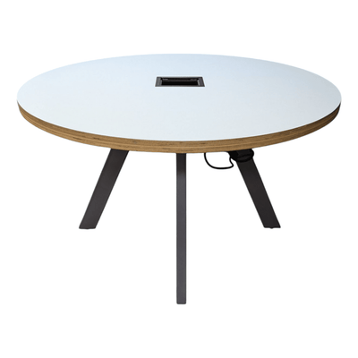 48" Round Table with Power, White Laminate and Grey Metal Base.