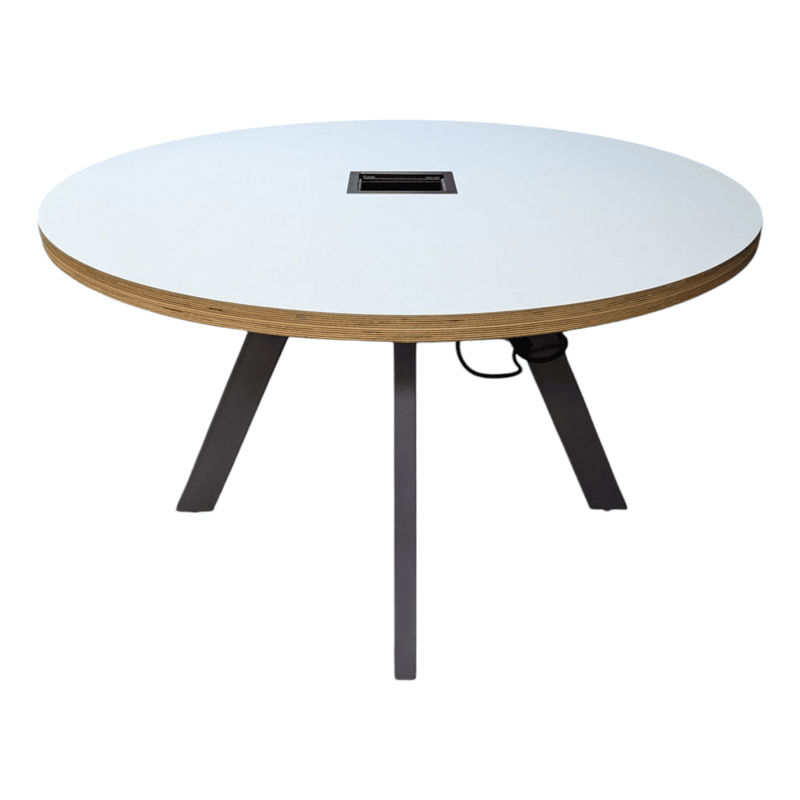 48" Round Table with Power, White Laminate and Grey Metal Base.