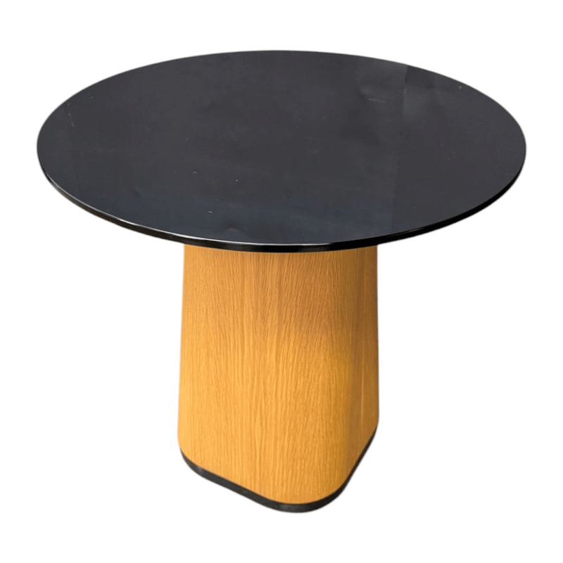Allermuir HAT6R End Table, Round Black Glass Top and Oak Finish Base.