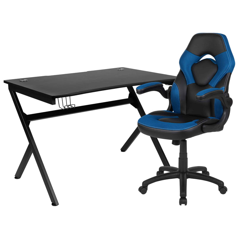 Optis Black Gaming Desk and Blue and Black Racing Chair Set with Cup Holder, Headphone Hook & 2 Wire Management Holes