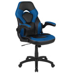Optis Black Gaming Desk and Blue and Black Racing Chair Set with Cup Holder, Headphone Hook & 2 Wire Management Holes