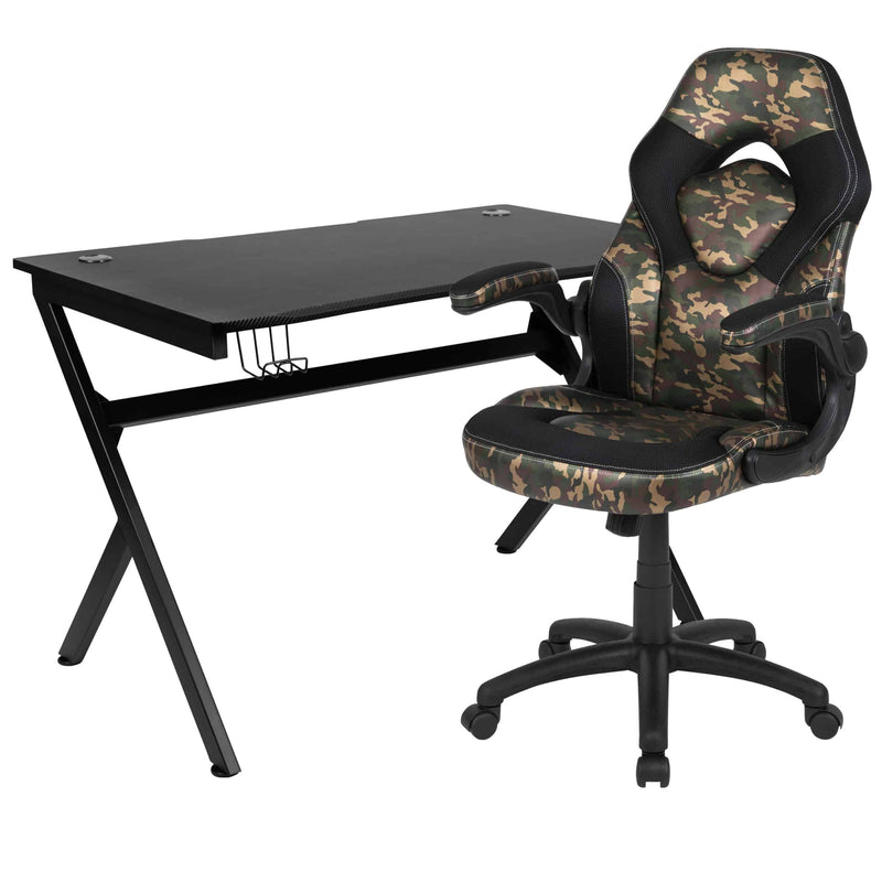 Optis Black Gaming Desk and Camouflage/Black Racing Chair Set with Cup Holder, Headphone Hook & 2 Wire Management Holes