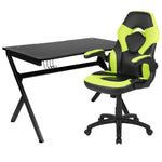 Optis Black Gaming Desk and Green/Black Racing Chair Set with Cup Holder, Headphone Hook & 2 Wire Management Holes