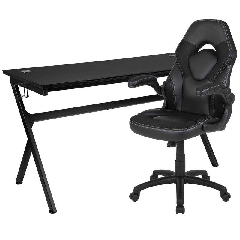 Optis Gaming Desk and Black Racing Chair Set /Cup Holder/Headphone Hook/Removable Mouse Pad Top - 2 Wire Management Holes