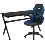 Optis Gaming Desk and Blue/Black Racing Chair Set /Cup Holder/Headphone Hook/Removable Mouse Pad Top - 2 Wire Management Holes