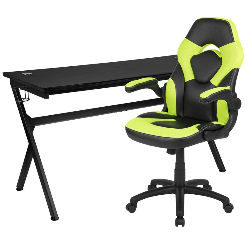 Optis Gaming Desk and Green/Black Racing Chair Set /Cup Holder/Headphone Hook/Removable Mouse Pad Top - 2 Wire Management Holes