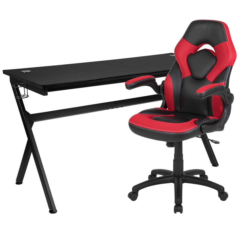 Optis Gaming Desk and Red/Black Racing Chair Set /Cup Holder/Headphone Hook/Removable Mouse Pad Top - 2 Wire Management Holes