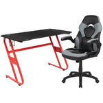 Optis Red Gaming Desk and Gray/Black Racing Chair Set with Cup Holder and Headphone Hook