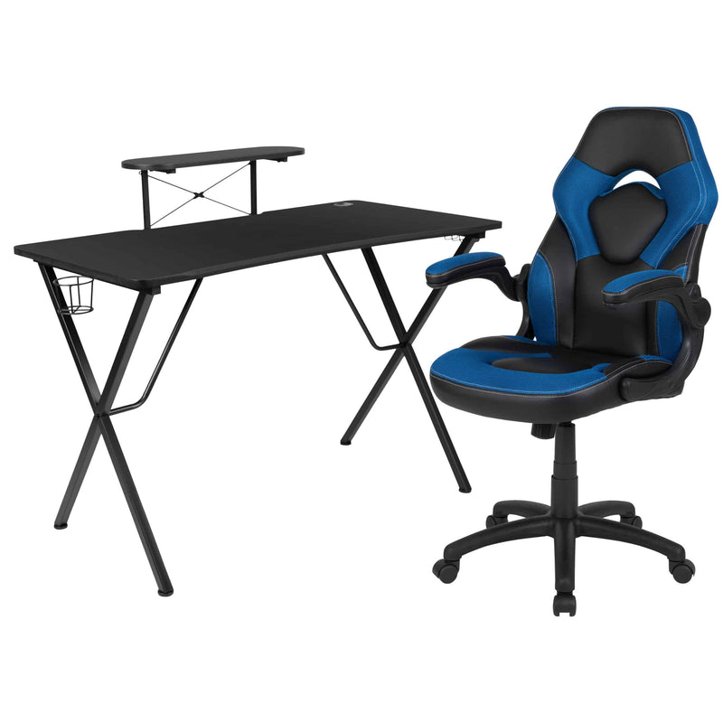 Optis Black Gaming Desk and Blue/Black Racing Chair Set with Cup Holder, Headphone Hook, and Monitor/Smartphone Stand