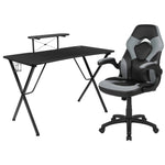 Optis Black Gaming Desk and Gray/Black Racing Chair Set with Cup Holder, Headphone Hook, and Monitor/Smartphone Stand