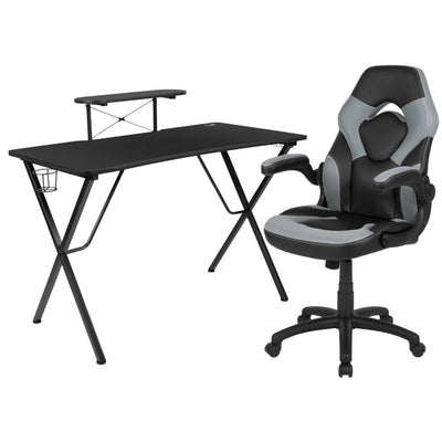 Optis Black Gaming Desk and Gray/Black Racing Chair Set with Cup Holder, Headphone Hook, and Monitor/Smartphone Stand