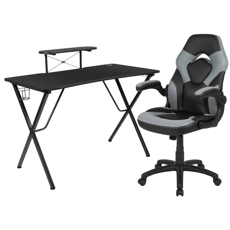 Optis Black Gaming Desk and Gray/Black Racing Chair Set with Cup Holder, Headphone Hook, and Monitor/Smartphone Stand