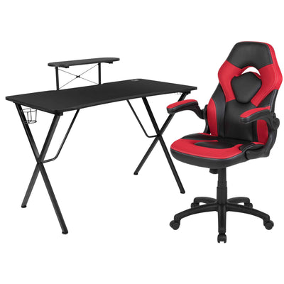 Optis Black Gaming Desk and Red/Black Racing Chair Set with Cup Holder, Headphone Hook, and Monitor/Smartphone Stand