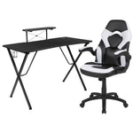 Optis Black Gaming Desk and White/Black Racing Chair Set with Cup Holder, Headphone Hook, and Monitor/Smartphone Stand