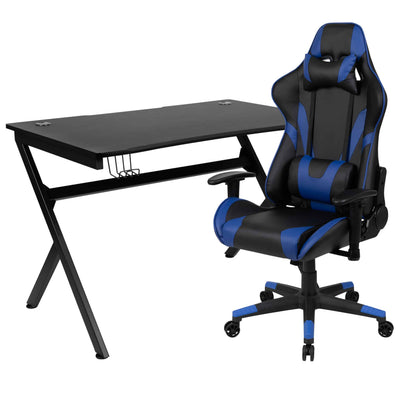 Optis Black Gaming Desk and Blue/Black Reclining Gaming Chair Set with Cup Holder, Headphone Hook & 2 Wire Management Holes