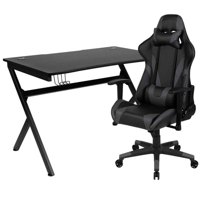 Optis Black Gaming Desk and Gray/Black Reclining Gaming Chair Set with Cup Holder, Headphone Hook & 2 Wire Management Holes