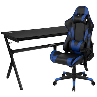 Optis Gaming Desk and Blue/Black Reclining Gaming Chair Set /Cup Holder/Headphone Hook/Removable Mouse Pad Top - Wire Management
