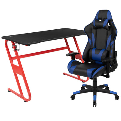 Optis Red Gaming Desk and Blue Reclining Gaming Chair Set with Cup Holder and Headphone Hook